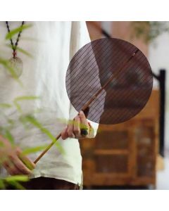 Buddha Stones Chinese Style Handmade Round Shaped Bamboo Long Handle Fan - Brown 25*47cm