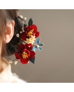 Buddha Stones Chinese Style Red Camellia Butterfly Hair Clip Hair Comb Hairpin Barrette Accessory - Two Red Camellia Hair Comb