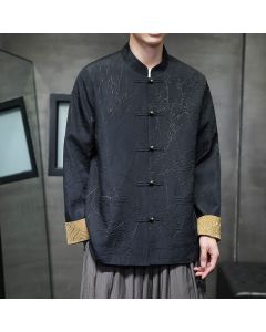 Buddha Stones Tang Suit Casual Frog-button Long Sleeve Nylon Men's Jacket Shirt Clothing - Black / US/UK/AU34，EU44 (M)