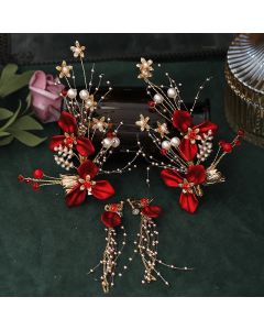 Buddha Stones Chinese Wedding Bridal Red Flower Branche Pearl Hair Clip Set - Alloy Hair Clip Set