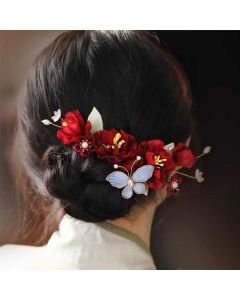 Buddha Stones Chinese Wedding Red Flower Butterfly Hair Clip - Red Flower Butterfly Hair Clip