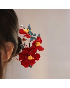 Buddha Stones Chinese Wedding Red Flower Butterfly Hair Comb Hairpin Barrette - Red Flower Butterfly Hair Comb