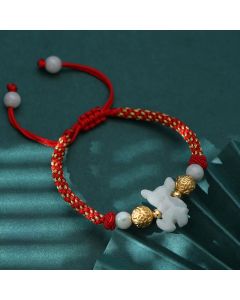 Buddha Stones Chinese Zodiac Jade Silver Beads Year Of The Horse Red String Luck Bracelet - Pig(Wrist Circumference: 14-20 cm)