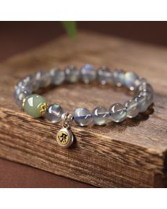 Buddha Stones Chinese Zodiac 925 Sterling Silver Natural Moonstone Hetian Jade Positive Bracelet - Dog/Pig(Wrist Circumference 15.5-16cm)