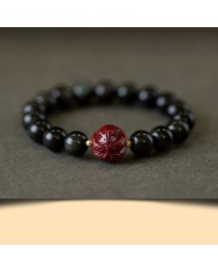 Buddha Stones Chinese Zodiac Natural Black Obsidian Cinnabar Purification Bracelet - 12mm Black Obsidian Cinnabar-Monkey