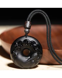 Buddha Stones Chinese Zodiac Natural Black Obsidian Peace Buckle Strength Necklace Pendant - Pig