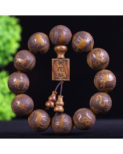 Buddha Stones Chinese Zodiac Rosewood Ebony Copper Coin PiXiu Carved Warmth Bracelet - Red Sandalwood 12 Zodiac