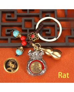 Buddha Stones Chinese Zodiac Rotating Fortune Bag Braided Keychains - Rat