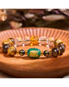 Buddha Stones Chinese Zodiac Tiger Eye White Crystal Courage Bracelet - Pig(Wrist Circumference: 14-16cm) / 14mm