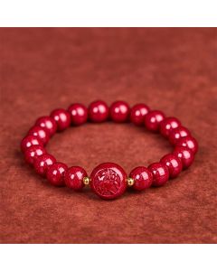 Buddha Stones Chinese Zodiac Year Of The Horse Carved Cinnabar Peaceful Blessing Bracelet - 6mm Dog