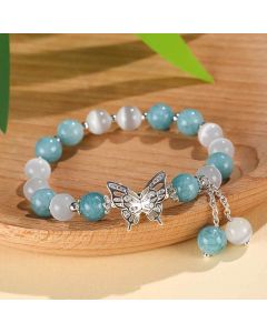 Buddha Stones Chrysoberyl Cat's Eye Chalcedony Butterfly Love Bracelet - Cat's Eye Pink Chalcedony(Wrist Circumference: 14-16cm)