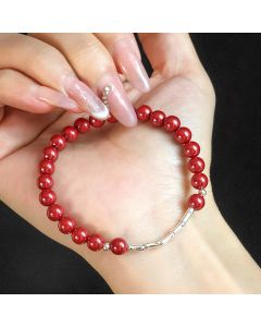 Buddha Stones Cinnabar 925 Sterling Silver Calm Concentration Bracelet - Cinnabar 6mm Bead(Wrist Circumference: 14-15 cm)