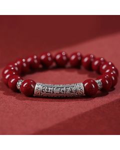 Buddha Stones Cinnabar 999 Sterling Silver Six True Words Blessing Bracelet - 8mm Red Cinnabar