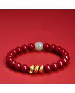 Buddha Stones Cinnabar Bead Hetian Jade Year Of The Snake Blessing Bracelet - 6mm Cinnabar Hetian Jade Snake(Wrist Circumference: 15cm)