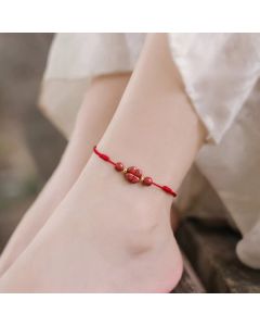 Buddha Stones Cinnabar Four Leaf Clover Blessing String Rope Anklet - Black Anklet(Circumference 30cm)