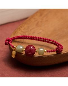 Buddha Stones Cinnabar Fu Character Chinese Zodiac Braided Red String Fortune Bracelet - Goat