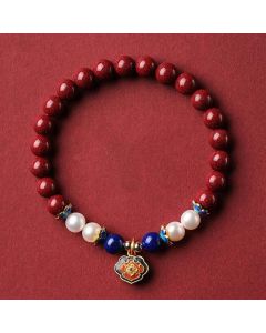 Buddha Stones Cinnabar Lapis Lazuli Chinese Lock Charm Blessing Bracelet - Imperial Cinnabar(Wrist Circumference 14-15cm)