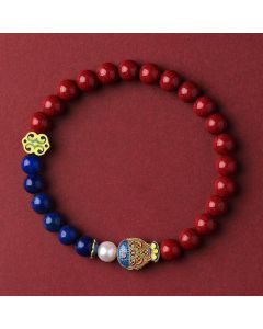 Buddha Stones Cinnabar Lapis Lazuli Koi Fish Ruyi Cloud Charm Blessing Beaded Bracelet - Imperial Cinnabar(Wrist Circumference 14-15cm)