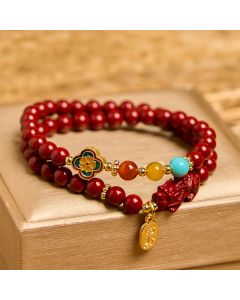 Buddha Stones Cinnabar PiXiu Fu Character Blessing Double Wrap Bracelet - Cinnabar(Wrist Circumference 14-15cm)