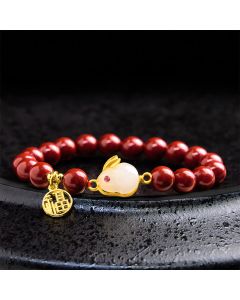 Buddha Stones Cinnabar Rabbit Bunny Fu Character Blessing Bracelet - Cinnabar(Wrist Circumference 14-16cm)