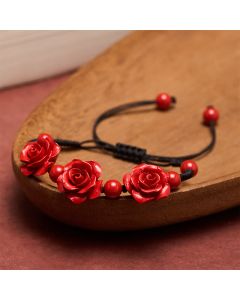 Buddha Stones Cinnabar Three Roses Black String Blessing Bracelet - Cinnabar(Calm ♥ Concentration)