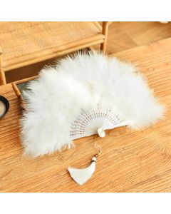 Buddha Stones Classic Feather Folding Fan for Qipao Dance and Photography - White Feather / Closed Size: Approx. 30 cm / 11.8 in
