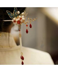 Buddha Stones Classical Chinese Style Flower Branche Butterfly Pearl Tassel Hair Clip Hairpin Hair Crown - Red Flower Butterfly Hair Clip(Right)