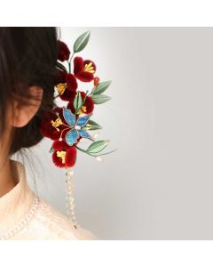 Buddha Stones Classical Chinese Style Red Flower Blue Butterfly Hairpin Hair Comb Barrette - Red Flower U-Shaped Hairpin