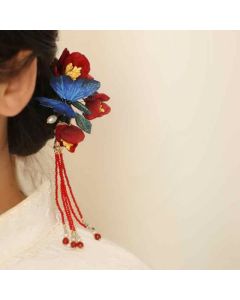 Buddha Stones Classical Chinese Style Red Flower Blue Butterfly Hairpin - Red Flower Butterfly Hairpin