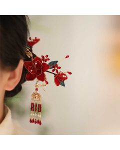 Buddha Stones Classical Chinese Style Red Flower Butterfly Tassel Hair Comb Hairpin - Red Flower Tassel Hairpin