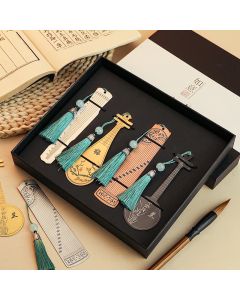 Buddha Stones Classical Musical Instruments Pipa Guzheng Guqin Ruan Metal Bookmarks Tassel With Gift Box - Black / Ruan-Gift Box