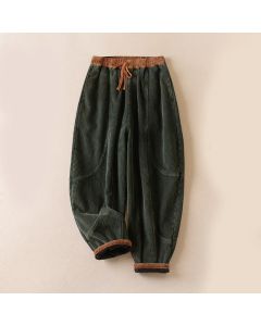 Buddha Stones Color Contrast Corduroy Cotton Women's Thermal Fleece-Lined Harem Pants With Pockets - All Season Version / Gray / US12，UK/AU16，EU44 (XL)
