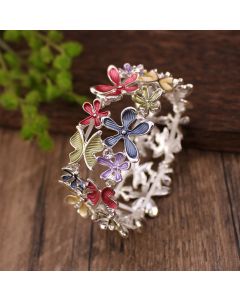 Buddha Stones Colorful Butterfly Flowers Love Alloy Elastic Bracelet Bangle - Yellow 58mm
