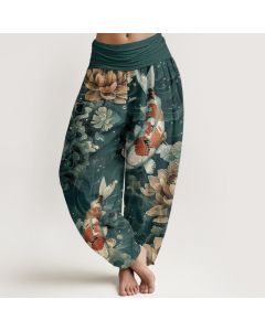 Buddha Stones Cotton Colorful Koi Fish Lotus Flowers Design Women's Elastic Waist Harem Pants - Tan / US2，UK/AU6，EU34 (XS)