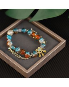 Buddha Stones Colorful Liuli Glass Bead Chinese Lock Charm Fortune Bracelet - Colorful Liuli Glass Bead(Wrist Circumference 14-16cm)