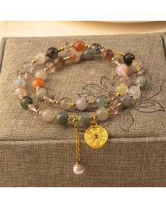 Buddha Stones Colorful Rutilated Quartz Copper Auspiciousness Double Wrap Bracelet - Rutilated Quartz(Wrist Circumference:16-17cm)