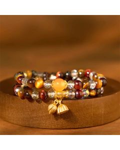 Buddha Stones Colorful Tiger Eye Lotus Multi-circle Elastic Rope Protection Bracelet - Tiger Eye(Wrist Circumference: 15-18cm)