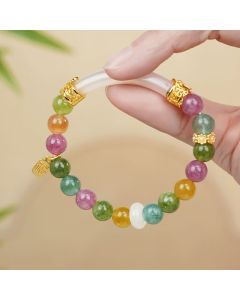 Buddha Stones Colorful Tourmaline Chalcedony Positive Fu Character Charm Bracelet - Tourmaline(Wrist Circumference 14-15cm)