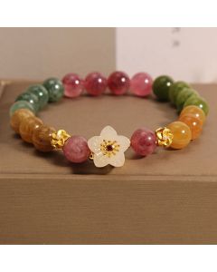 Buddha Stones Colorful Tourmaline Jade Flowers Love Bracelet - Tourmaline(Positive♥Love)(Wrist Circumference 14-16cm)