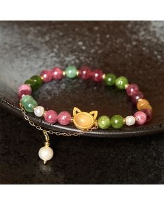 Buddha Stones Colorful Tourmaline Lucky Cat Positive Bracelet - Tourmaline(Wrist Circumference: 14-16cm)