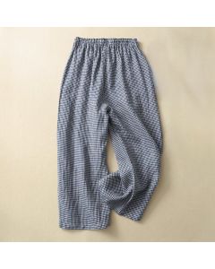 Buddha Stones Commute Casual Checkered Pattern 7-8 Length Women's Wide Leg Cotton Linen Pants With Pockets - Black / US8-10,UK/AU12-14,EU40-42 (2XL)