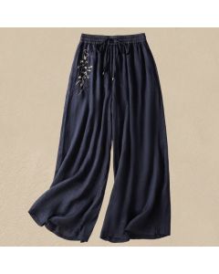 Buddha Stones Commute Embroidery Drawstring Women's Cotton Wide Leg Pants With Pockets - Gray / US8-10，UK/AU12-14，EU40-42 (2XL)