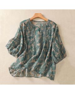 Buddha Stones Commute Floral Crew Neck Pleated Design Puff Short Sleeve Women's T-Shirt - MediumSeaGreen / US4，UK/AU8，EU36 (L)