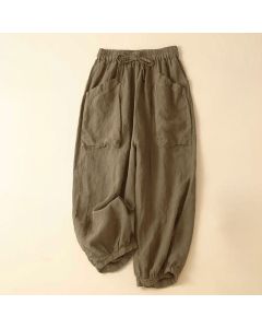 Buddha Stones Commute Women's Plain Harem Capri Pants With Pockets - Beige / US8-10，UK/AU12-14，EU40-42 (2XL)
