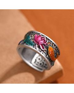 Buddha Stones Copper Blue Enamel Lotus Heart Sutra Koi Fish Luck Ring - Lotus Heart Sutra Koi Fish