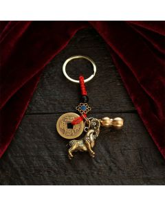Buddha Stones Copper Chinese Zodiac Five Emperor Coins Gourd Wealth Keychains - Goat
