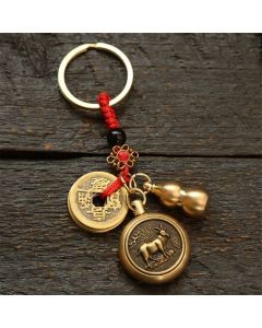 Buddha Stones Copper Chinese Zodiac Five Emperor Coins Red String Wealth Keychains - Goat