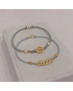 Buddha Stones Copper Coin Fortune Tree Pearl Luck Blue Rope Braided Bracelet - Fortune Tree / 16cm