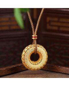 Buddha Stones Copper Coin Pattern Peace Buckle Copper Auspicious Necklace Pendant - Copper Plated 24K Gold & Rope