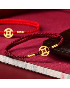 Buddha Stones Copper Coin Strength Braided String Bracelet Anklet - Black / Anklet(Anklet Circumference 24cm)